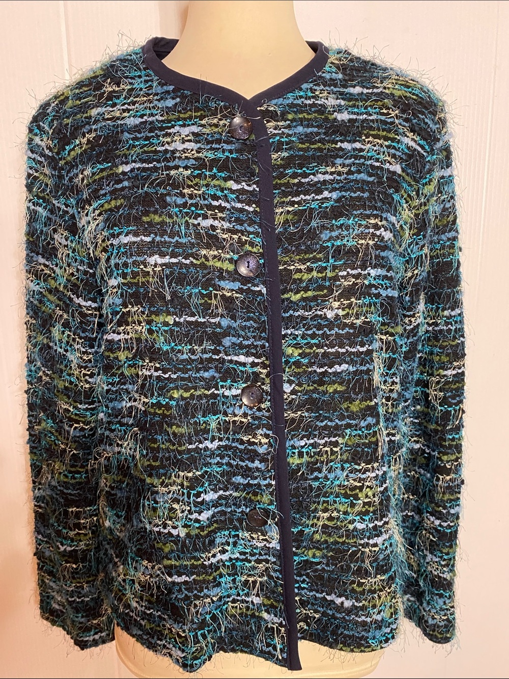 Dressbarn Black Cardigan with Blue & Green Highlights